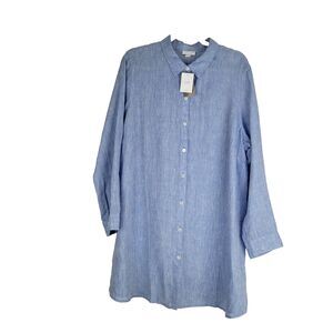 J. Jill Petite XLP Love Linen Tunic Top Blue Long Sleeve Button Front NEW $89